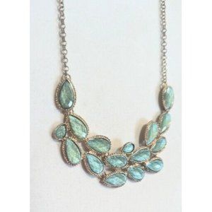 Signed Faceted Shimmery Green Glass Cabochon Necklace Gold Tone Statement 22"